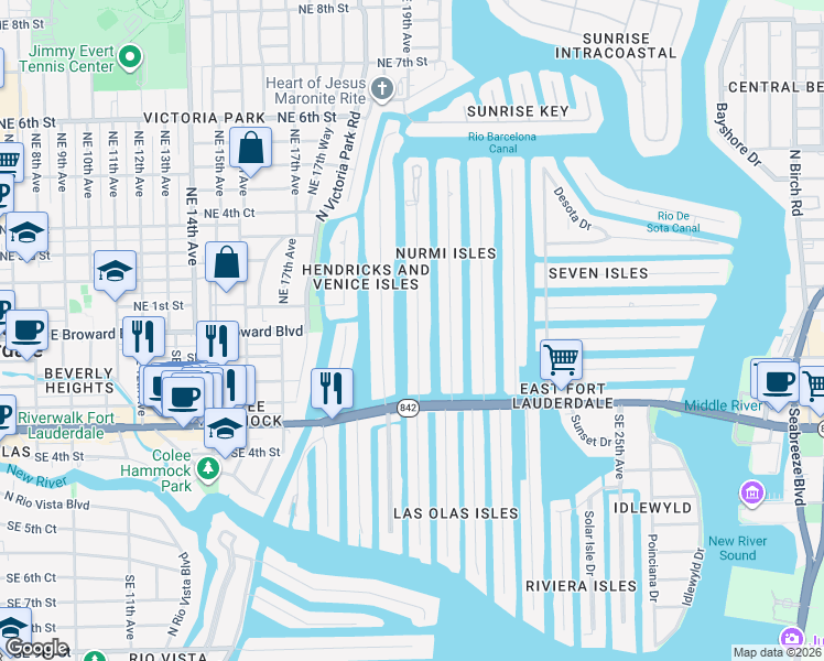 map of restaurants, bars, coffee shops, grocery stores, and more near 57 Isle of Venice Drive in Fort Lauderdale