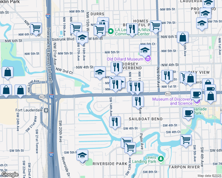 map of restaurants, bars, coffee shops, grocery stores, and more near 1405 West Broward Boulevard in Fort Lauderdale