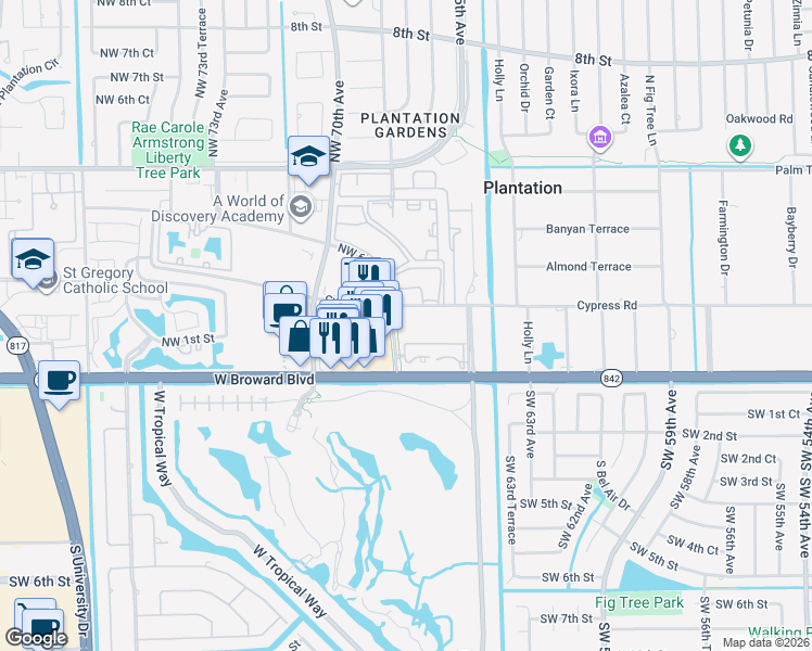 map of restaurants, bars, coffee shops, grocery stores, and more near 6800 Cypress Road in Plantation