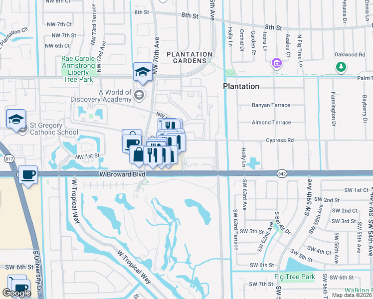 map of restaurants, bars, coffee shops, grocery stores, and more near 6800 Cypress Road in Plantation