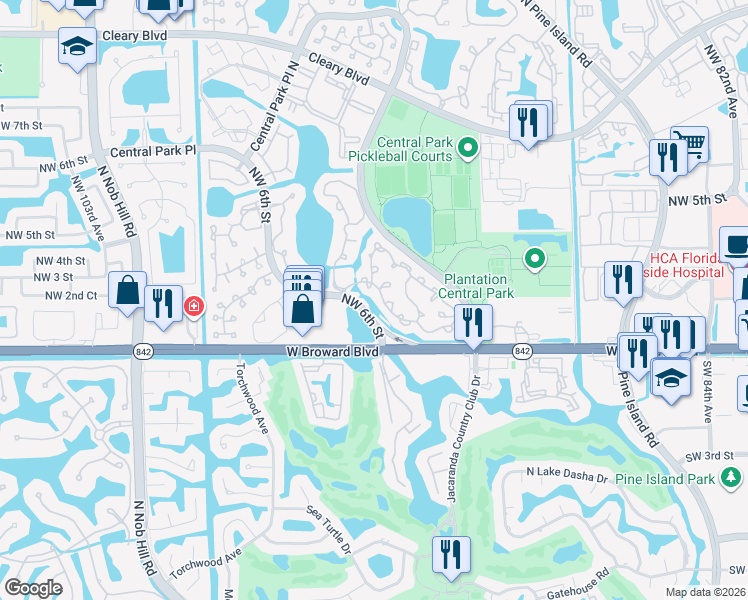 map of restaurants, bars, coffee shops, grocery stores, and more near 9360 Chelsea Drive South in Plantation