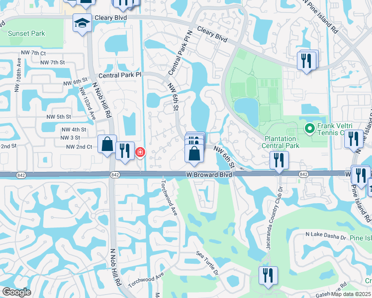 map of restaurants, bars, coffee shops, grocery stores, and more near 150 Northwest 98th Terrace in Plantation