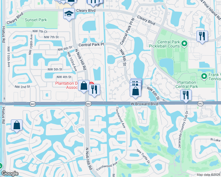 map of restaurants, bars, coffee shops, grocery stores, and more near 9853 Northwest 2nd Place in Plantation