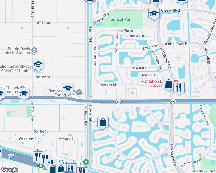 map of restaurants, bars, coffee shops, grocery stores, and more near 10924 Northwest 2nd Place in Plantation