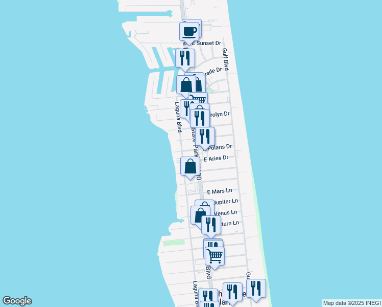 map of restaurants, bars, coffee shops, grocery stores, and more near 3 East Polaris Drive in South Padre Island