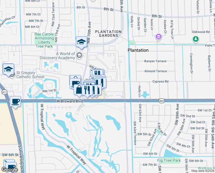 map of restaurants, bars, coffee shops, grocery stores, and more near 6800 Cypress Road in Plantation