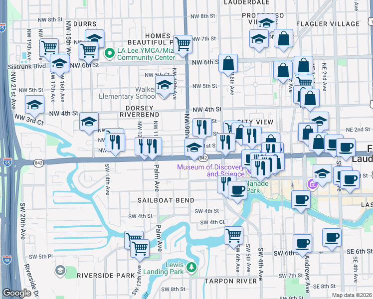 map of restaurants, bars, coffee shops, grocery stores, and more near 924 Northwest 1st Street in Fort Lauderdale