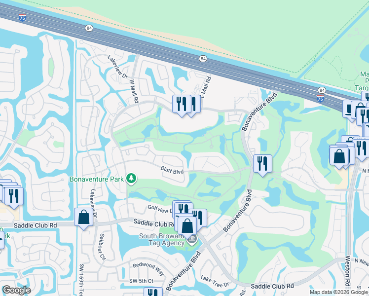 map of restaurants, bars, coffee shops, grocery stores, and more near 16551 Blatt Boulevard in Weston