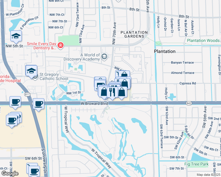 map of restaurants, bars, coffee shops, grocery stores, and more near 150 Northwest 70th Avenue in Plantation