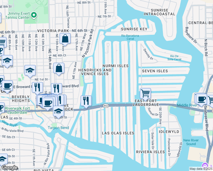 map of restaurants, bars, coffee shops, grocery stores, and more near 57 Isle of Venice Drive in Fort Lauderdale