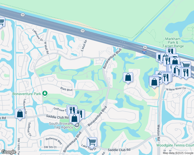 map of restaurants, bars, coffee shops, grocery stores, and more near 16509 Botaniko Drive North in Weston