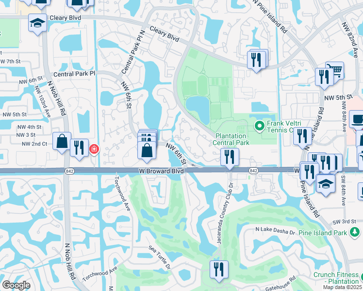 map of restaurants, bars, coffee shops, grocery stores, and more near 9360 Chelsea Drive South in Plantation