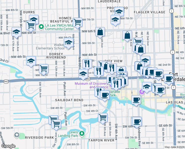 map of restaurants, bars, coffee shops, grocery stores, and more near 711 West Broward Boulevard in Fort Lauderdale
