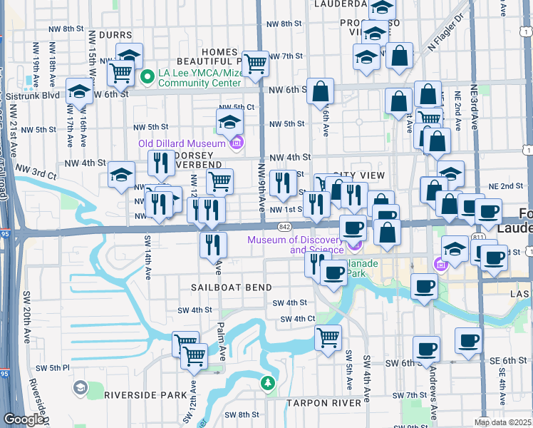 map of restaurants, bars, coffee shops, grocery stores, and more near 924 Northwest 1st Street in Fort Lauderdale