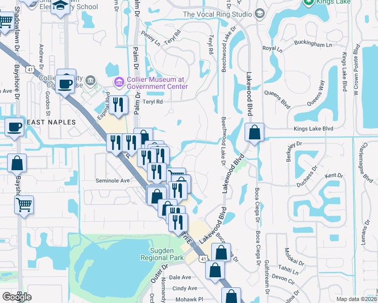 map of restaurants, bars, coffee shops, grocery stores, and more near 215 Memory Lane in Naples