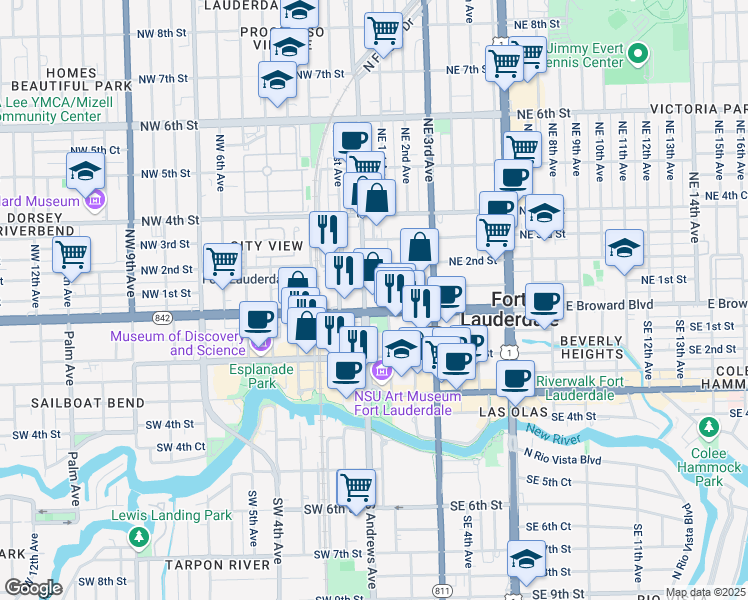 map of restaurants, bars, coffee shops, grocery stores, and more near 1 East Broward Boulevard in Fort Lauderdale