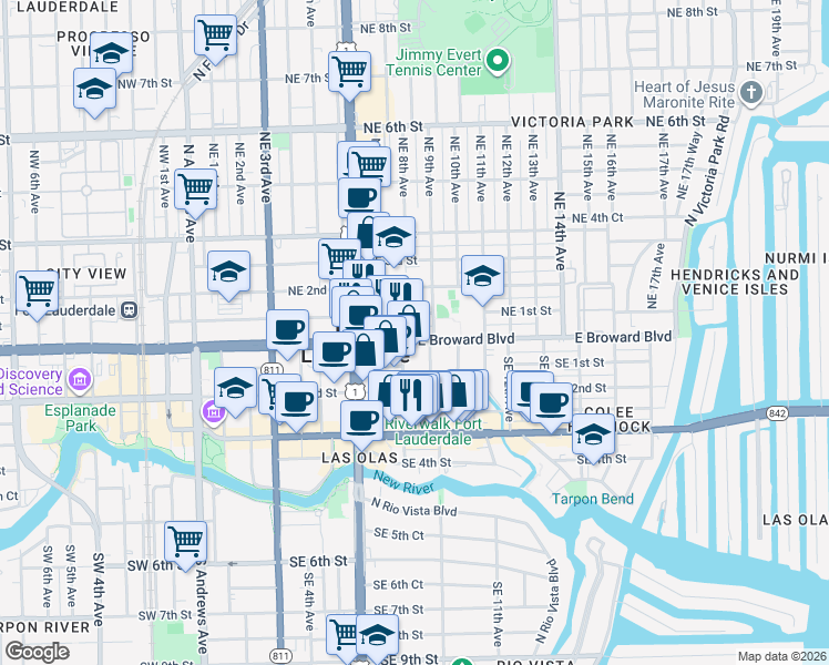 map of restaurants, bars, coffee shops, grocery stores, and more near 817 East Broward Boulevard in Fort Lauderdale