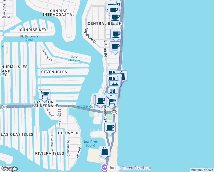 map of restaurants, bars, coffee shops, grocery stores, and more near 1 North Birch Road in Fort Lauderdale