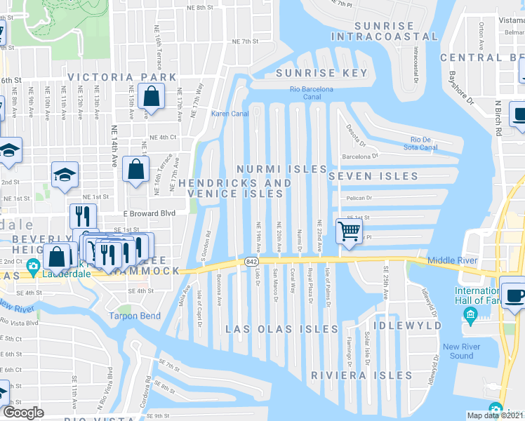 map of restaurants, bars, coffee shops, grocery stores, and more near 57 Isle of Venice Drive in Fort Lauderdale