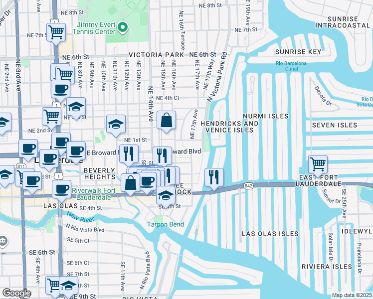 map of restaurants, bars, coffee shops, grocery stores, and more near 1604 East Broward Boulevard in Fort Lauderdale