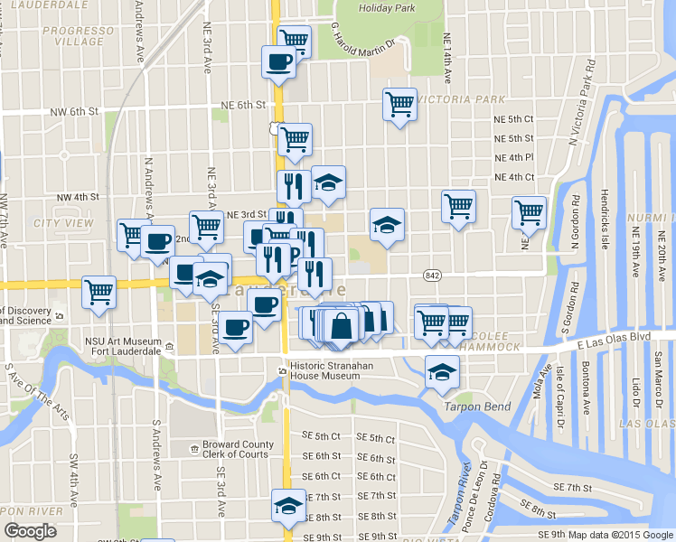 map of restaurants, bars, coffee shops, grocery stores, and more near 817 East Broward Boulevard in Fort Lauderdale