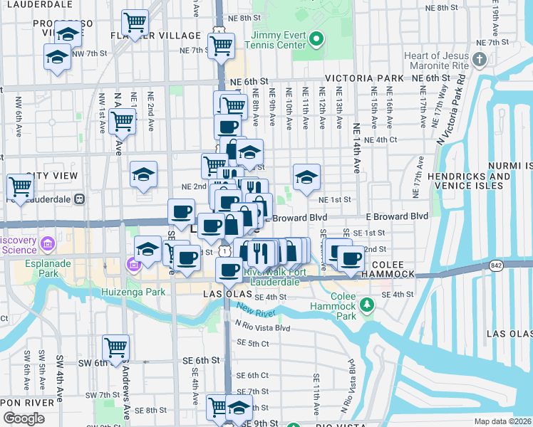 map of restaurants, bars, coffee shops, grocery stores, and more near 817 East Broward Boulevard in Fort Lauderdale