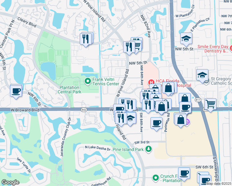 map of restaurants, bars, coffee shops, grocery stores, and more near 12 Northwest 3 Street in Plantation