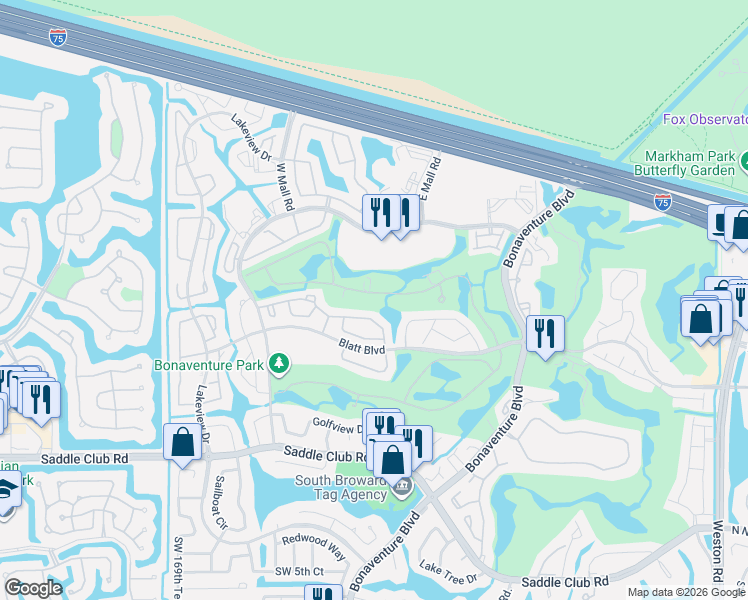 map of restaurants, bars, coffee shops, grocery stores, and more near 16663 Hemingway Drive in Weston