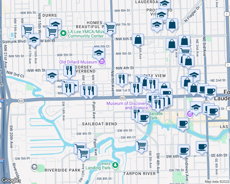 map of restaurants, bars, coffee shops, grocery stores, and more near 924 Northwest 1st Street in Fort Lauderdale