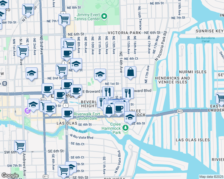 map of restaurants, bars, coffee shops, grocery stores, and more near 2 Southeast 13th Avenue in Fort Lauderdale