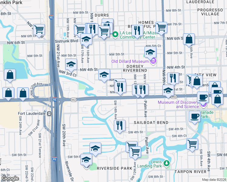 map of restaurants, bars, coffee shops, grocery stores, and more near 1405 West Broward Boulevard in Fort Lauderdale