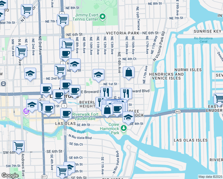 map of restaurants, bars, coffee shops, grocery stores, and more near 2 Southeast 13th Avenue in Fort Lauderdale