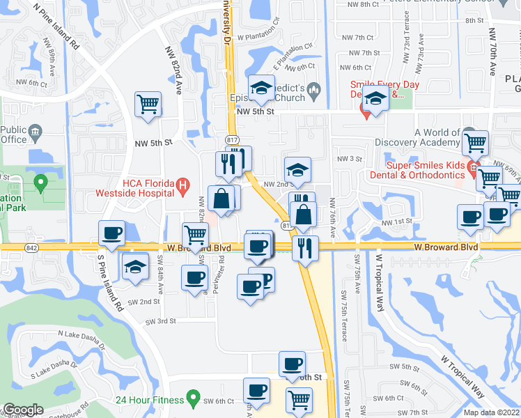 map of restaurants, bars, coffee shops, grocery stores, and more near 181 North University Drive in Plantation