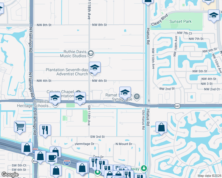 map of restaurants, bars, coffee shops, grocery stores, and more near Northwest 2nd Place in Plantation