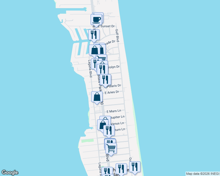 map of restaurants, bars, coffee shops, grocery stores, and more near 116 East Aries Drive in South Padre Island