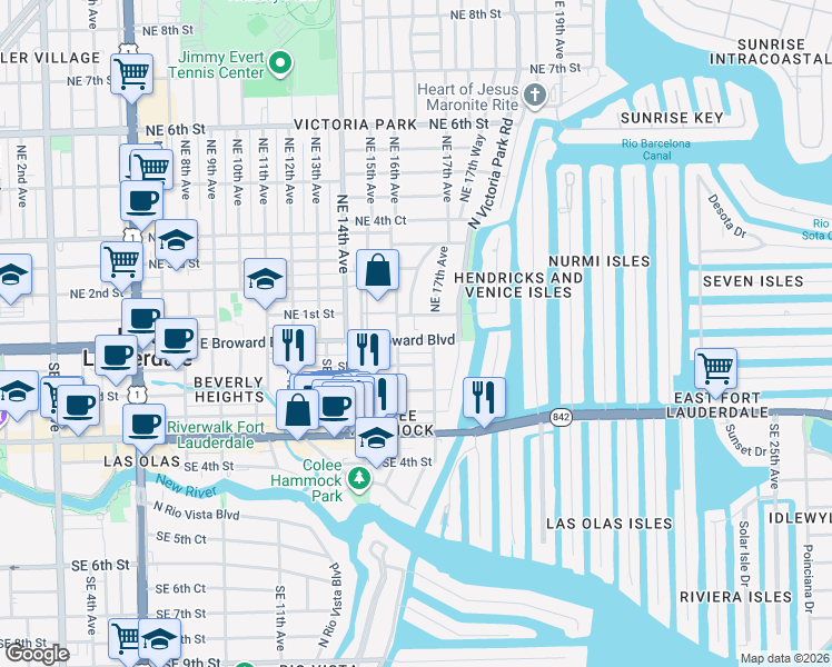 map of restaurants, bars, coffee shops, grocery stores, and more near 1604 East Broward Boulevard in Fort Lauderdale