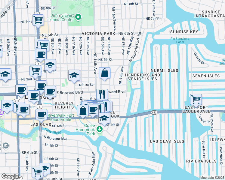 map of restaurants, bars, coffee shops, grocery stores, and more near 1604 East Broward Boulevard in Fort Lauderdale