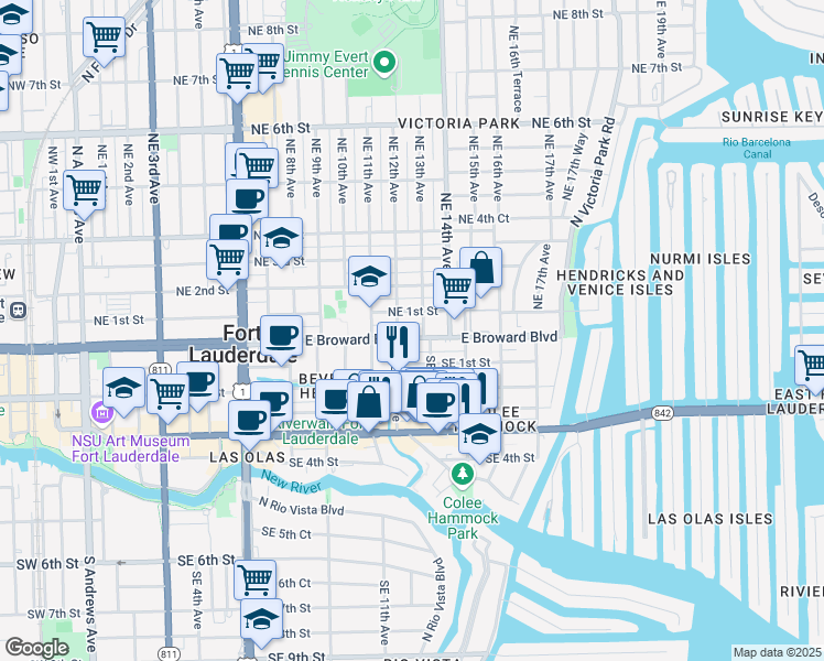 map of restaurants, bars, coffee shops, grocery stores, and more near 2 Southeast 13th Avenue in Fort Lauderdale