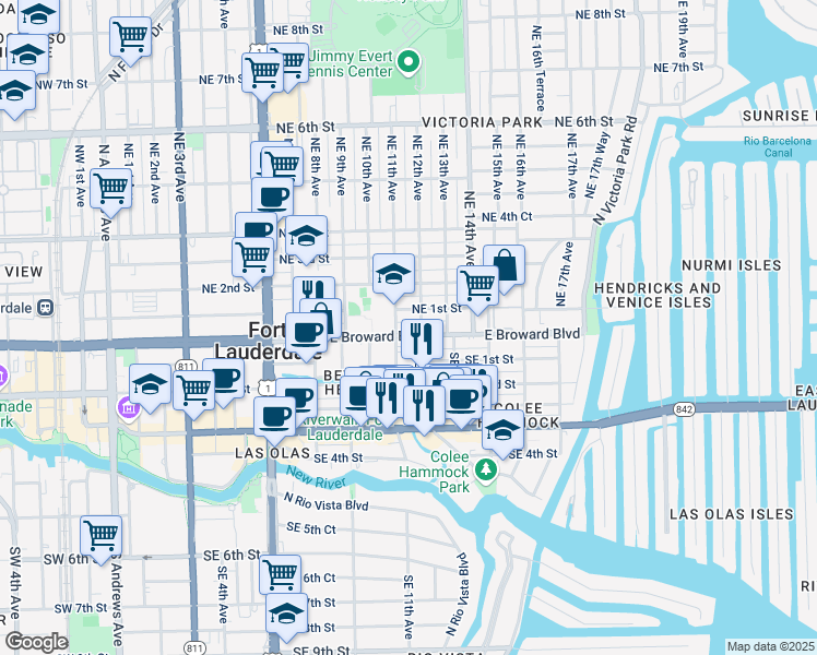 map of restaurants, bars, coffee shops, grocery stores, and more near 1142 East Broward Boulevard in Fort Lauderdale