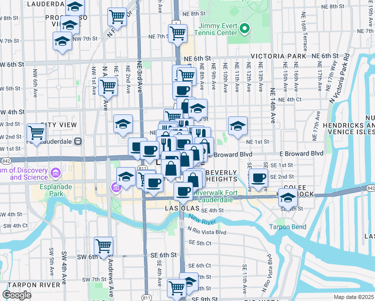 map of restaurants, bars, coffee shops, grocery stores, and more near 720 East Broward Boulevard in Fort Lauderdale