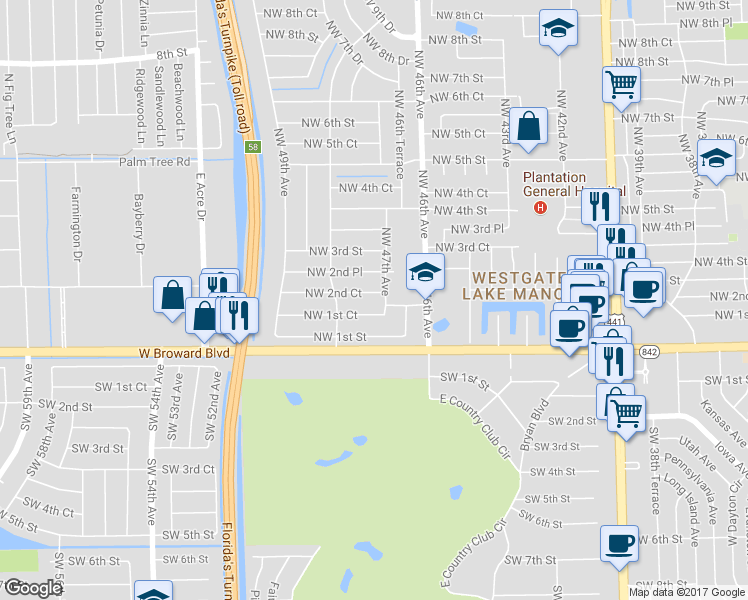 map of restaurants, bars, coffee shops, grocery stores, and more near 4725 Northwest 1st Court in Plantation