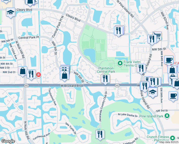 map of restaurants, bars, coffee shops, grocery stores, and more near 9333 Chelsea Drive South in Plantation