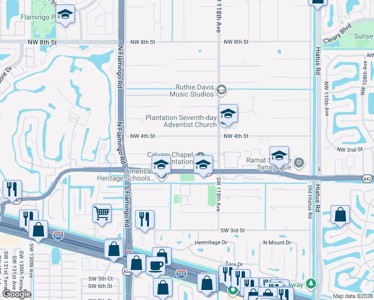 map of restaurants, bars, coffee shops, grocery stores, and more near 11901 Northwest 2nd Street in Plantation