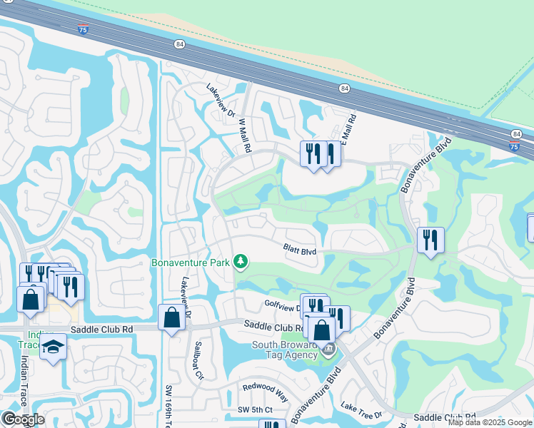 map of restaurants, bars, coffee shops, grocery stores, and more near 16738 Hemingway Drive in Weston