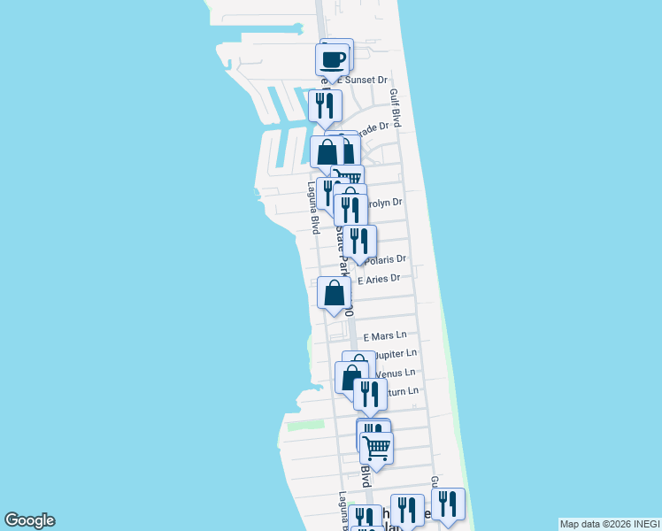 map of restaurants, bars, coffee shops, grocery stores, and more near 3 East Polaris Drive in South Padre Island