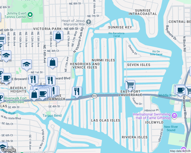 map of restaurants, bars, coffee shops, grocery stores, and more near 57 Isle of Venice Drive in Fort Lauderdale