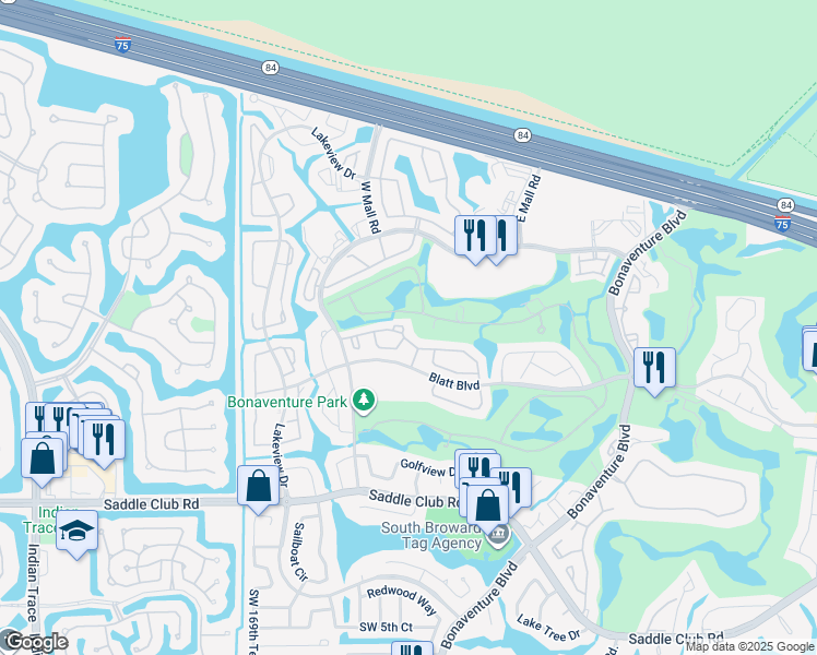 map of restaurants, bars, coffee shops, grocery stores, and more near 16721 Hemingway Drive in Weston