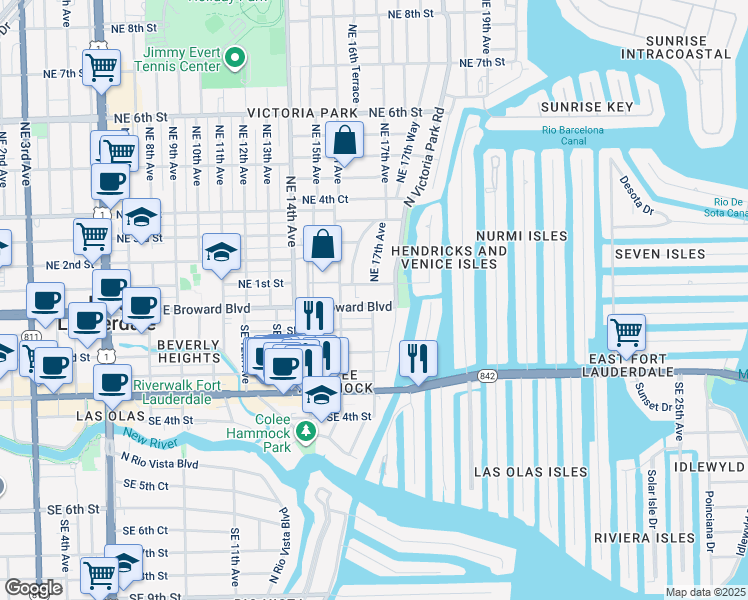 map of restaurants, bars, coffee shops, grocery stores, and more near 10 Southeast 17th Avenue in Fort Lauderdale