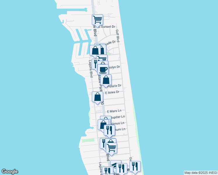 map of restaurants, bars, coffee shops, grocery stores, and more near 111 East Polaris Drive in South Padre Island