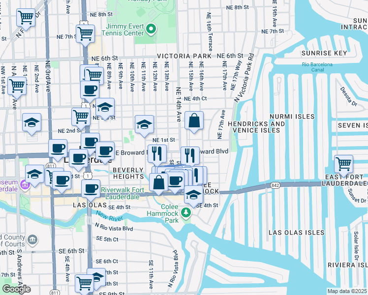 map of restaurants, bars, coffee shops, grocery stores, and more near 1500 East Broward Boulevard in Fort Lauderdale